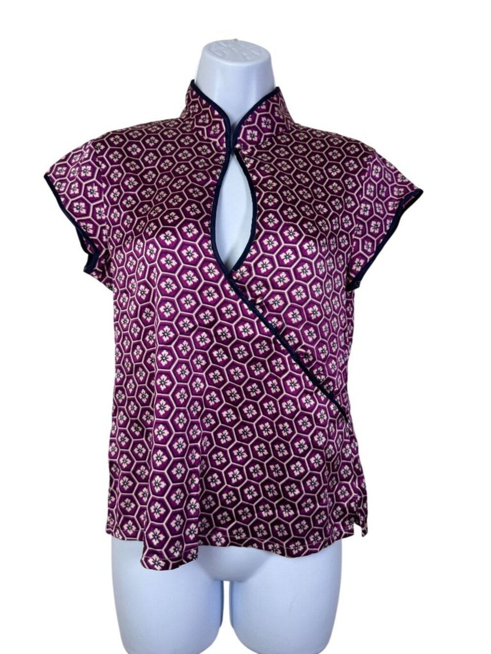 Bilingual Womens Floral Asian inspired Top 8 Purple Short Sleeve Mandarin Collar